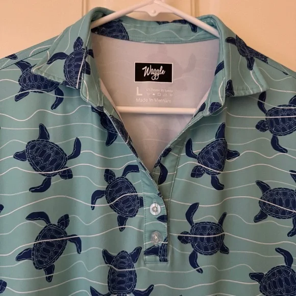 Waggle Men’s (L) Polo Shirt Stretch Performance Size L Aqua Blue Turtle Pattern - Picture 7 of 8